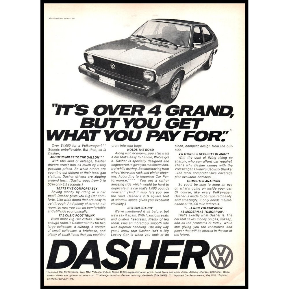1974 VW Volkswagen Dash 2 Door Hatchback Vintage Print Ad Man Cave Wall Art